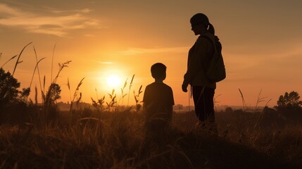 Fototapeta na wymiar A woman and a child stand in a field at sunset, generative AI