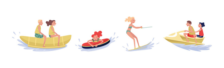 Obraz na płótnie Canvas People Characters Engaged in Water Summertime Sport Vector Illustration Set
