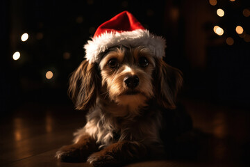 Festive Dog Sitting in front of Illuminated Christmas Tree