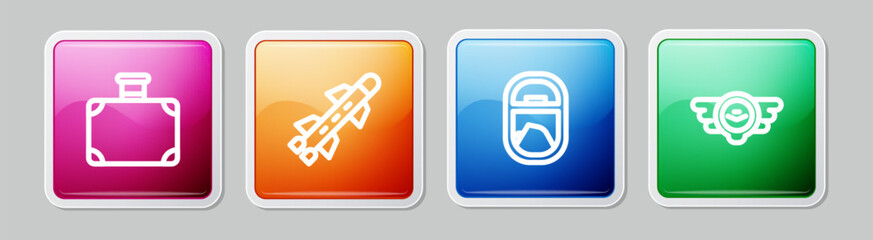Set line Suitcase, Rocket, Airplane window and Aviation emblem. Colorful square button. Vector