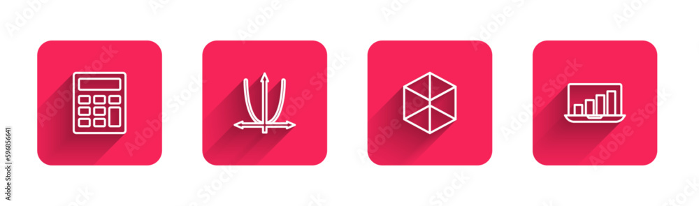 Aufkleber set line calculator, graph, schedule, chart, diagram, geometric figure cube and laptop with graph wi