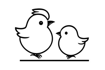 Two chickens sitting on a branch. One chicken is looking to the left and the other is looking to the right. They are both black and white. Outline vector illustration.