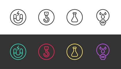Set line Magnet, Industrial hook, Test tube and flask and Water drop forbidden on black and white. Vector