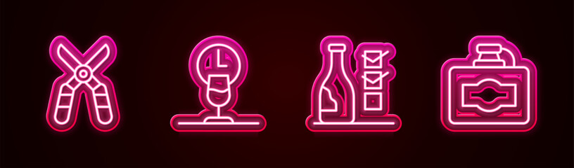 Set line Gardening scissors, Wine time, Bottle of wine and Cardboard box. Glowing neon icon. Vector