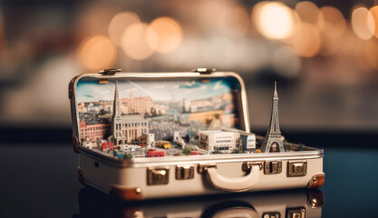 Open suitcase containing a model of Paris, ideal to symbolize a trip to the capital. Prepare your suitcases to leave for an adventure in Paris. Generative AI