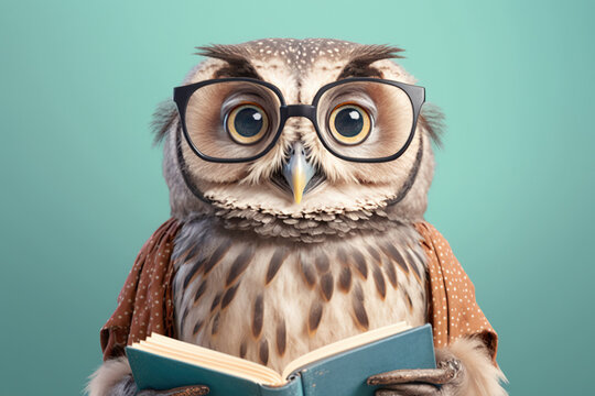 a happy owl in student clothes ready for school, created with Generative AI technology