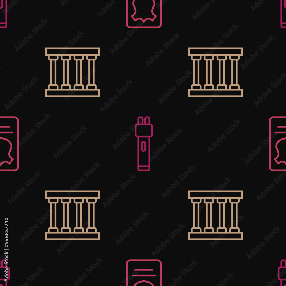Poster set line police badge with id case, prison window and electric shocker on seamless pattern. vector