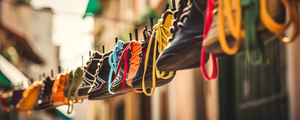 Fototapeta na wymiar Shoe laces flapping on a street. A sharp and bright image, blurred background and bokeh. Colorful and detailed horizons. Memorable and artistic capture. Generative AI