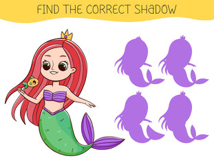 Find the correct shadow game with mermaid. Educational game for children. Cute cartoon mermaid. Shadow matching game. Vector illustration.