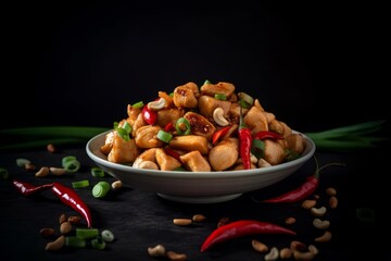 Kung pao chicken with green onions and red chili peppers