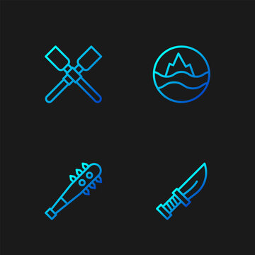 Set line Dagger, Mace with spikes, Oars or paddles boat and Sea and waves. Gradient color icons. Vector