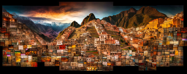 Photographic collage composed with bright colors and beautiful lights, representing the culture and architecture of Peru. A good ground for tourism in Peru. Generative AI