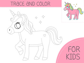 Trace and color coloring book with cute unicorn for kids. Coloring page with cartoon unicorn. Vector illustration for kids. © Ekaterina Chemakina