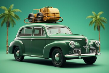Amusing old-school auto with vacation gear on green 3D backdrop. Generative AI