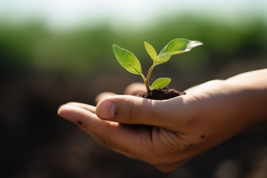 Close-up Person's Hand Holding Plant Sapling - Growth, Environment, Sustainable, Organic, Greenery, Nature, Agriculture, Conservation, Generative AI
