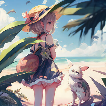 3d illustration of a beautiful girl with a dog on the beach