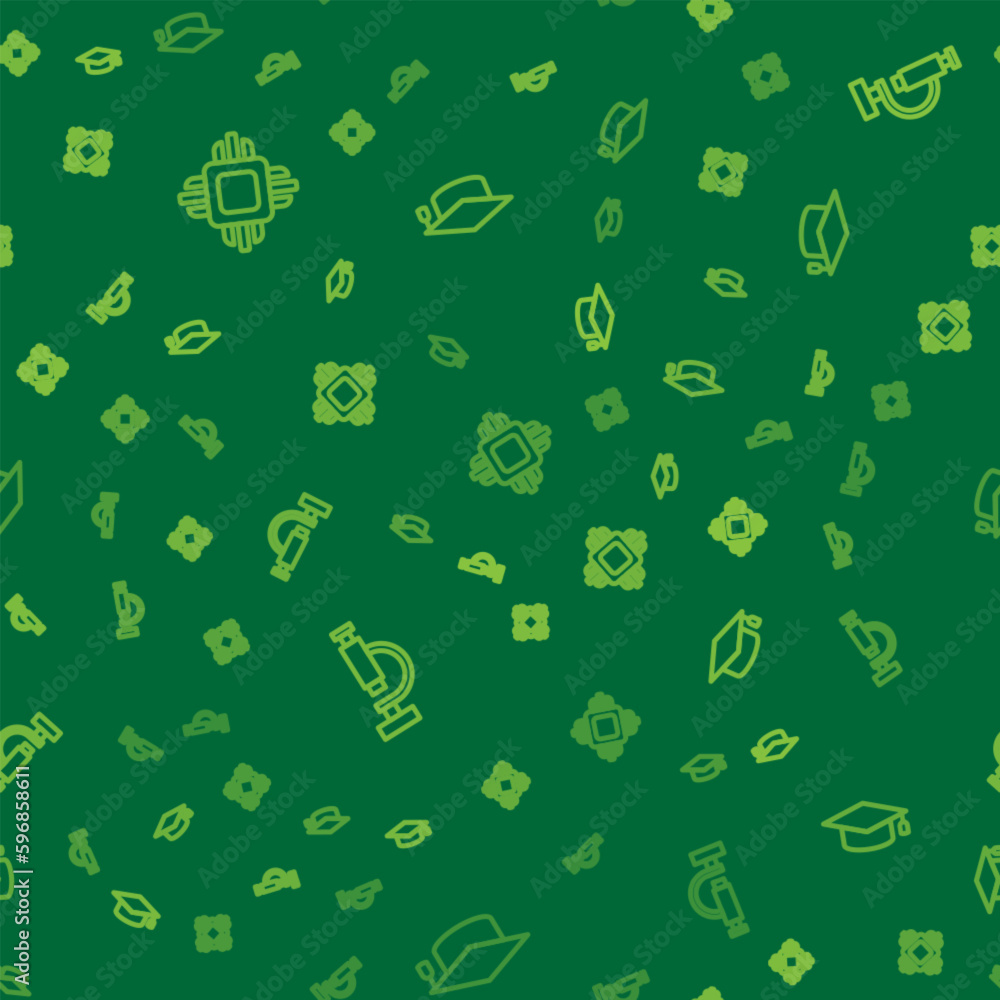 Poster set line processor cpu, microscope and graduation cap on seamless pattern. vector