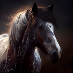 Obraz na płótnie Canvas Beautiful bay horse with long mane portrait on a dark background