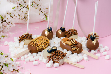 popsicle shaped cake pops and marshmallows on pink background