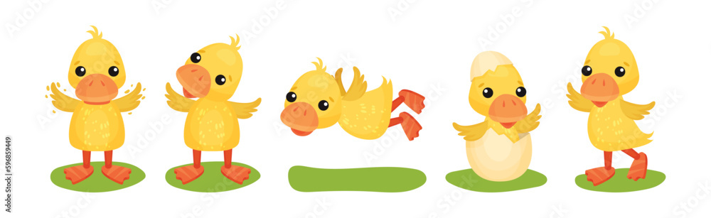 Poster funny yellow duckling engaged in different activity vector set