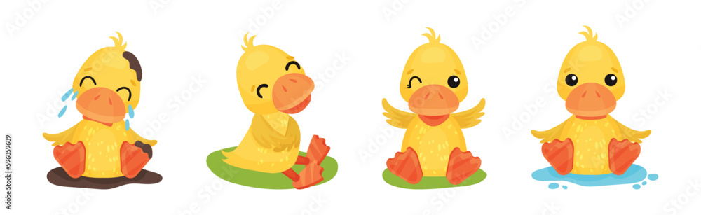 Poster funny yellow duckling engaged in different activity vector set