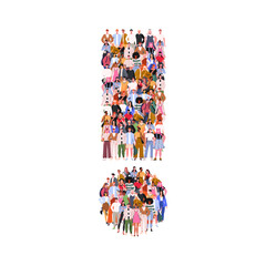 Large group of people in form of exclamation mark sign. Caution symbol. Warning hazard sign. People standing together. A crowd of male and female characters. Flat vector illustration 
