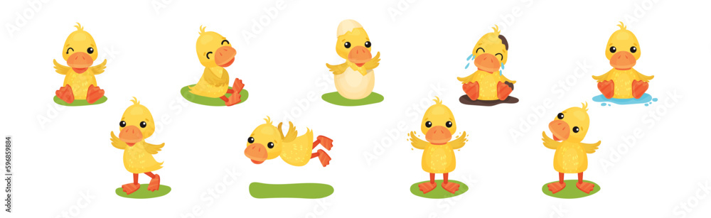 Poster funny yellow duckling engaged in different activity vector set