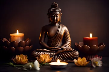 Tuinposter Buddha Statue in Meditation in a Dark Room With Lotus Flowers and Burning Candles: AI Generated Image © Nikki AI