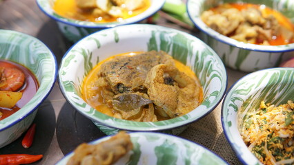 Curry and fish cake, malaysian food, selective focus
