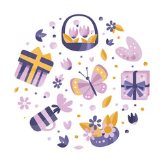 Mothers Day Circle Arrangement with Floral Element, Gift Box and Butterfly Vector Template