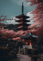 Fototapeta premium japanese temple in Kyoto, cherry blossom season
