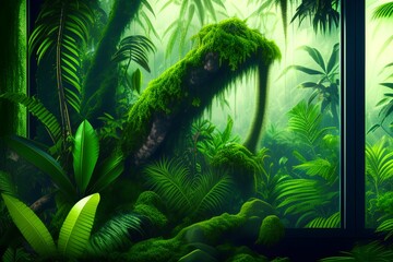 city ​​covered with forest vegetation outside a big window - generative ai
