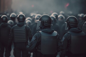 illustration, police squad in control block, riot gear, generative ai