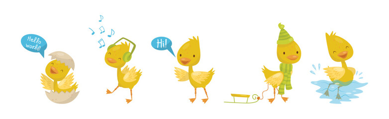 Funny Yellow Duckling Engaged in Different Activity Vector Set