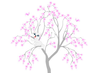 Fototapeta na wymiar Kitten on a sakura tree with butterflies on a white background.