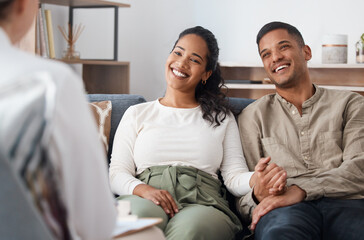 Were doing so well. Shot of a happy young couple sitting together during a consultation with a psychologist. - Powered by Adobe