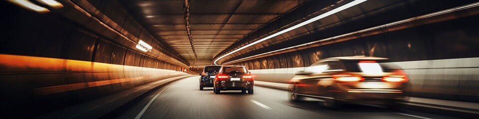Obraz premium illustration, blurred car and traffic in the panoramic tunnel, website header, generative ai