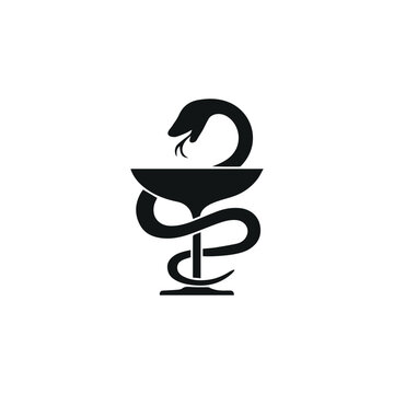 caduceus symbol. 
simple vector illustration. black and white icon and logo. symbol of medicine and pharmacy. Bowl with a snake.