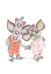 A pair of good monsters holding hands. Cartoon characters. Isolated mixed media illustration for your design. Ideal for decorating children's things and accessories