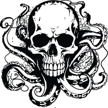 Skull With Tentacles Logo Monochrome Design Style
