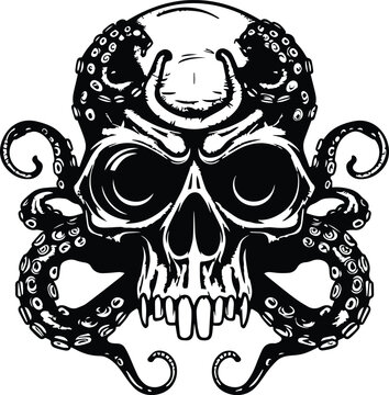 Skull With Tentacles Logo Monochrome Design Style
