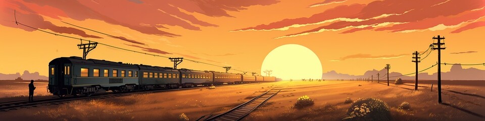 illustration, train ride across the plains at sunset, website headers, ai generative