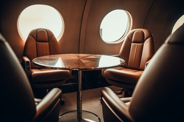 Beige leather chairs and round table in airplane cabin. Generative AI