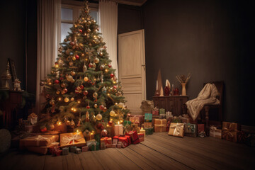 Obraz na płótnie Canvas Festive Christmas Tree with Presents and Baubles