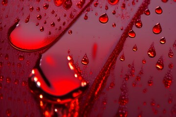 water drops on red surface with reflections - generative ai
