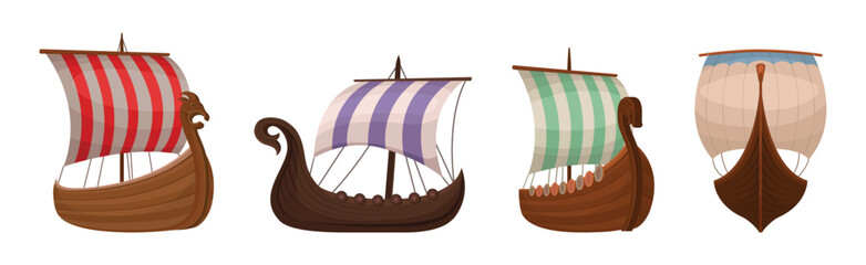 Scandinavian Marine Vessels or Viking Ship with Dragon Head Vector Set