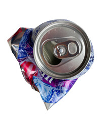 a crumpled tin can on a white background