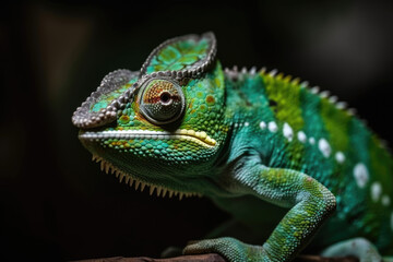 Obraz premium Green colored chameleon vibrant color, beautiful chameleon, closeup. Generative AI.