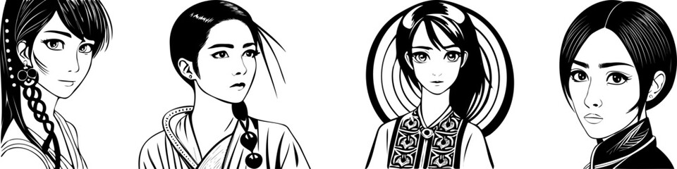 Asian woman illustrations set, black and white vecor, flat, illustration