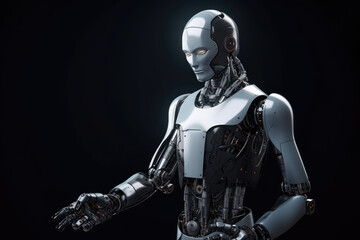 A humanoid robot extending its arms and speaking, standing in front of a crowd or camera with a futuristic backdrop. Generative AI, AI.